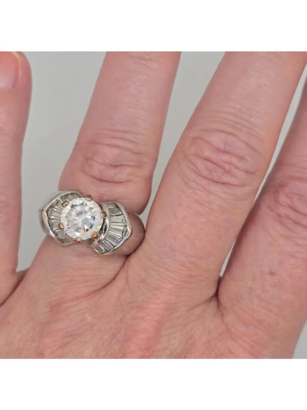 Vintage Silver-Tone Cocktail Ring Large Clear Center Stone Baguette Accents Size